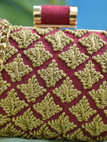 Maroon Gold Hand Embroidered Silk Clutch