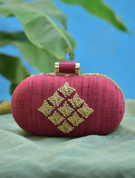 Maroon Gold Hand Embroidered Silk Clutch