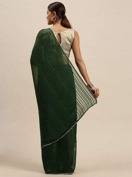 Women's Green & Black Pure Georgette Striped Mysore Silk Saree With Blouse Piece
