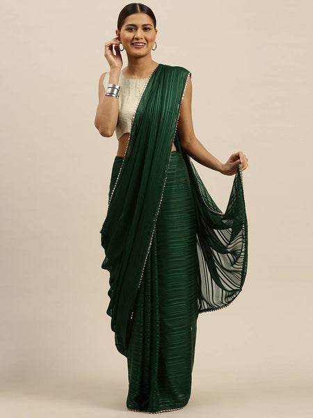 Women's Green & Black Pure Georgette Striped Mysore Silk Saree With Blouse Piece