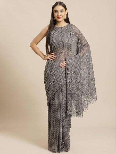 Women's Grey Woven Design Supernet Saree With Blouse Piece