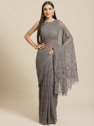 Women's Grey Woven Design Supernet Saree With Blouse Piece