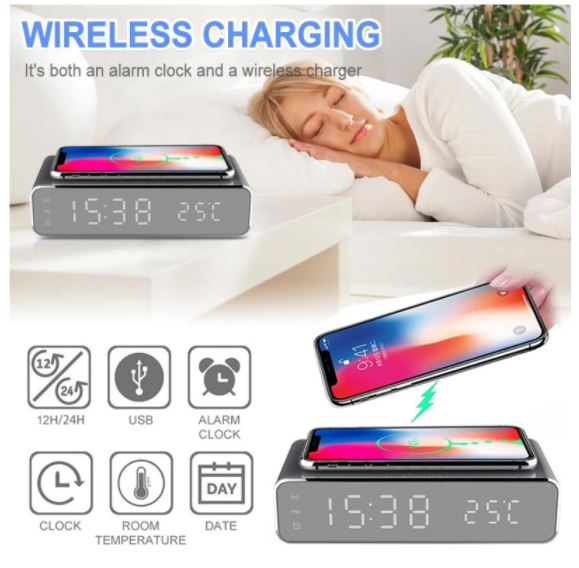 LED Electric Alarm Clock Mirror Clock with Phone Wireless Charger - gocyberbiz.com