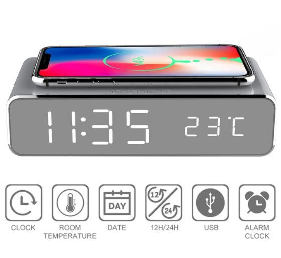 LED Electric Alarm Clock Mirror Clock with Phone Wireless Charger - gocyberbiz.com