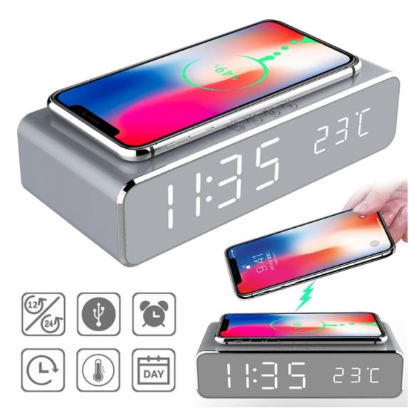 LED Electric Alarm Clock Mirror Clock with Phone Wireless Charger - gocyberbiz.com