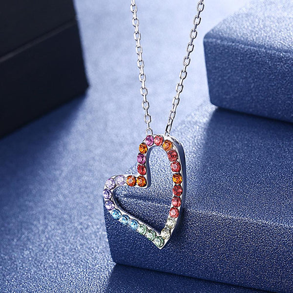 Rainbow Heart Sterling Silver Necklace with  Crystals - gocyberbiz.com